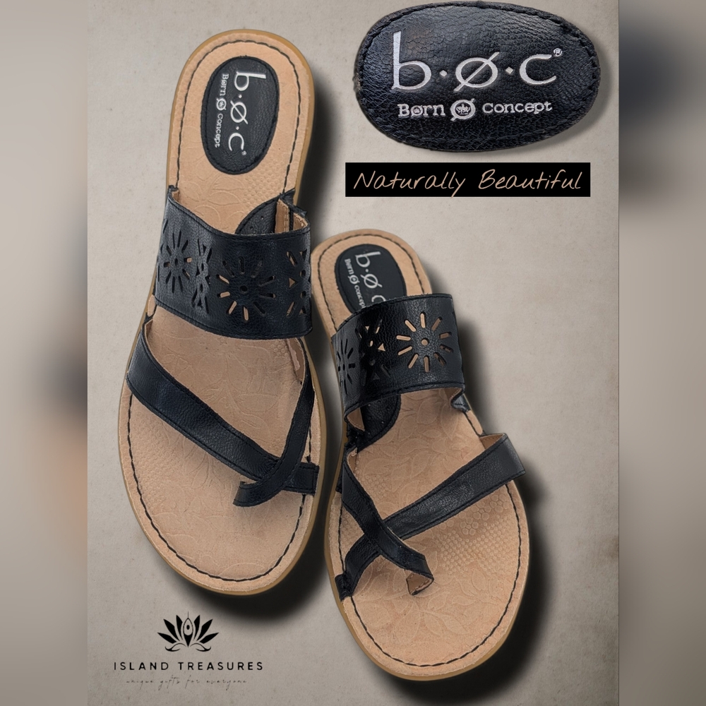 b.o.c. Casaba Women Sz 9M Black Floral Cutout Loop Toe Sandals Cushion Footbed